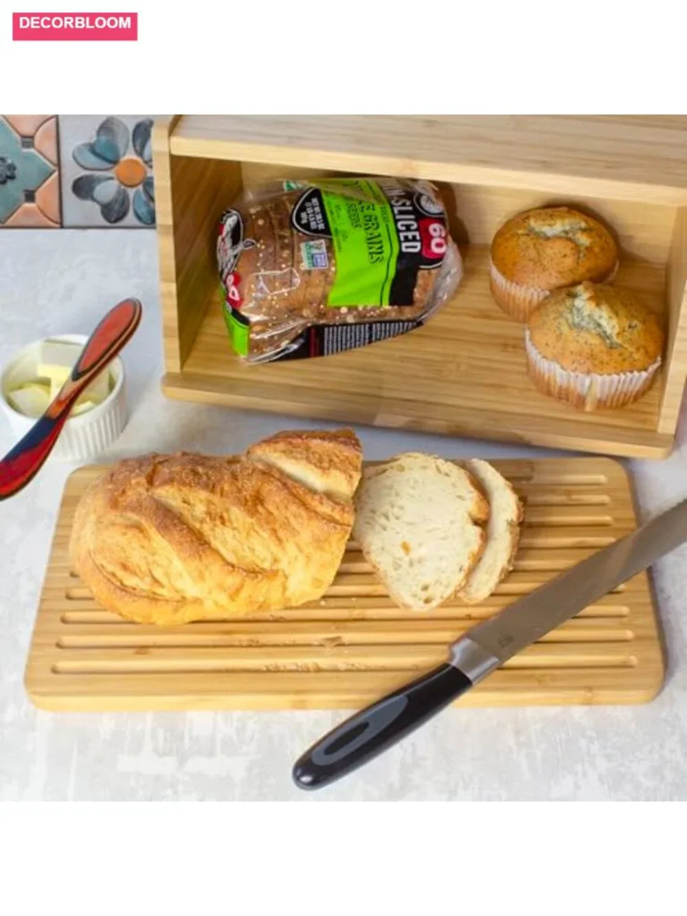 Bamboo Bread Box with Cutting Board Lid and Crumb Catcher - Kitchen Countertop